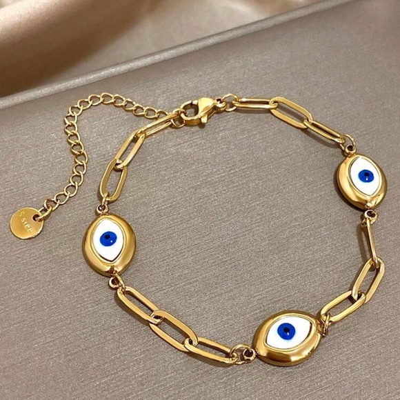 Gold Plated Stainless Steel Evil Eye Link Bracelet - Picture 2 of 3